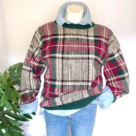 Vintage Sweaters - v i n t a g e :: Oversized Grandpa Plaid Slouchy Knit Sweater